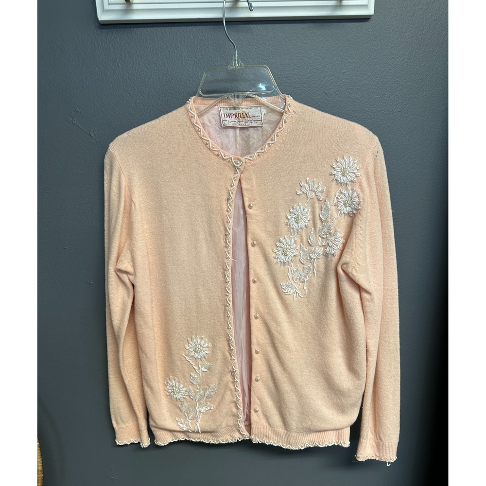 Vintage Imperial Imports Womens Size S Pink Beaded Cardigan Angora Lambs Wool **